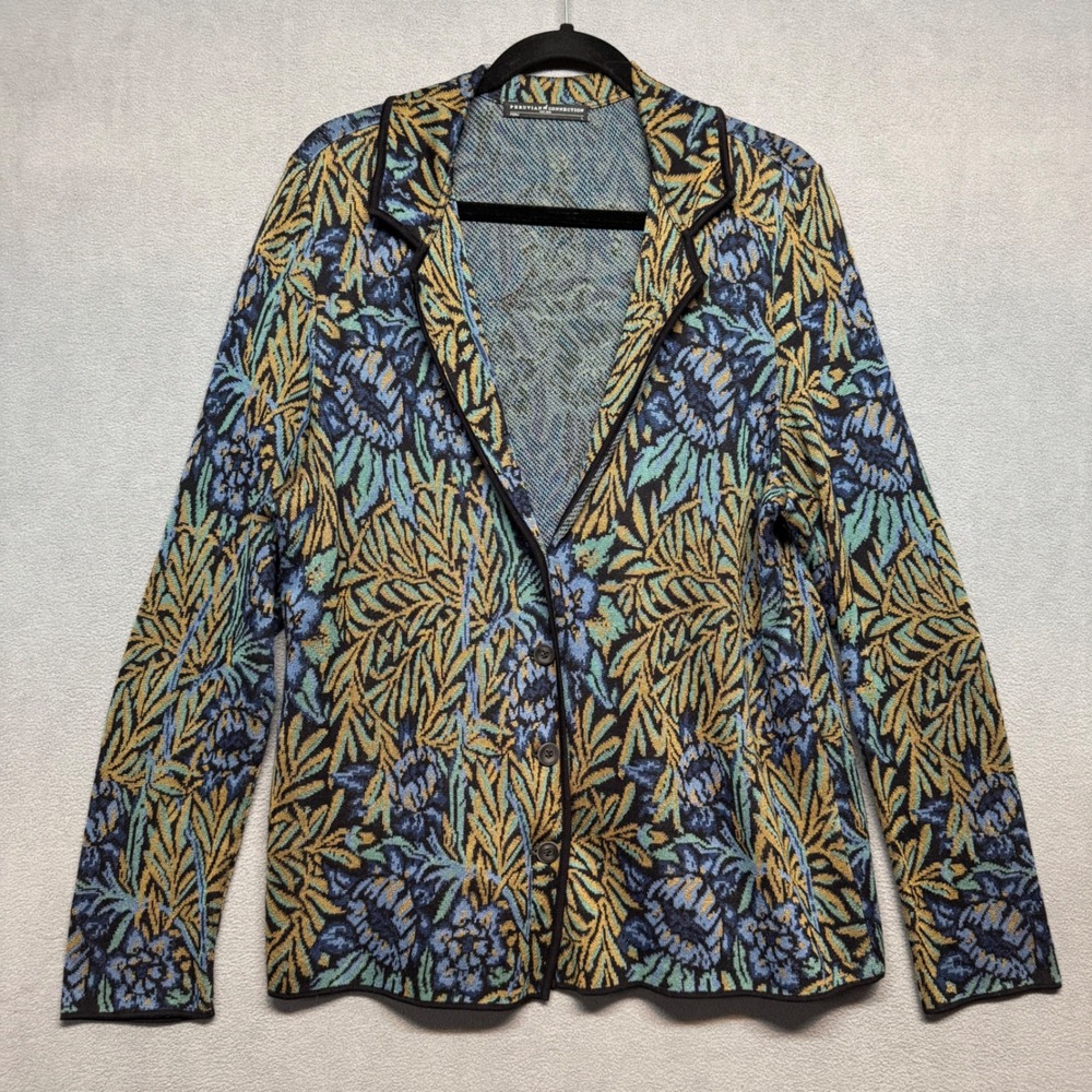 Peruvian Connection Cardigan Sweater Pima Cotton Floral Knit Jacket L Blue Gold
